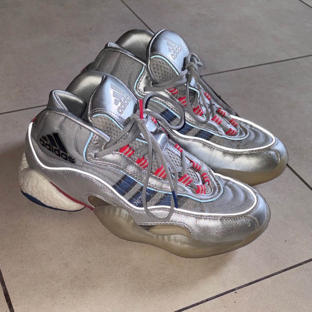 adidas 98 crazy byw: Silver Metallic Sneakers with Red and Blue Accents